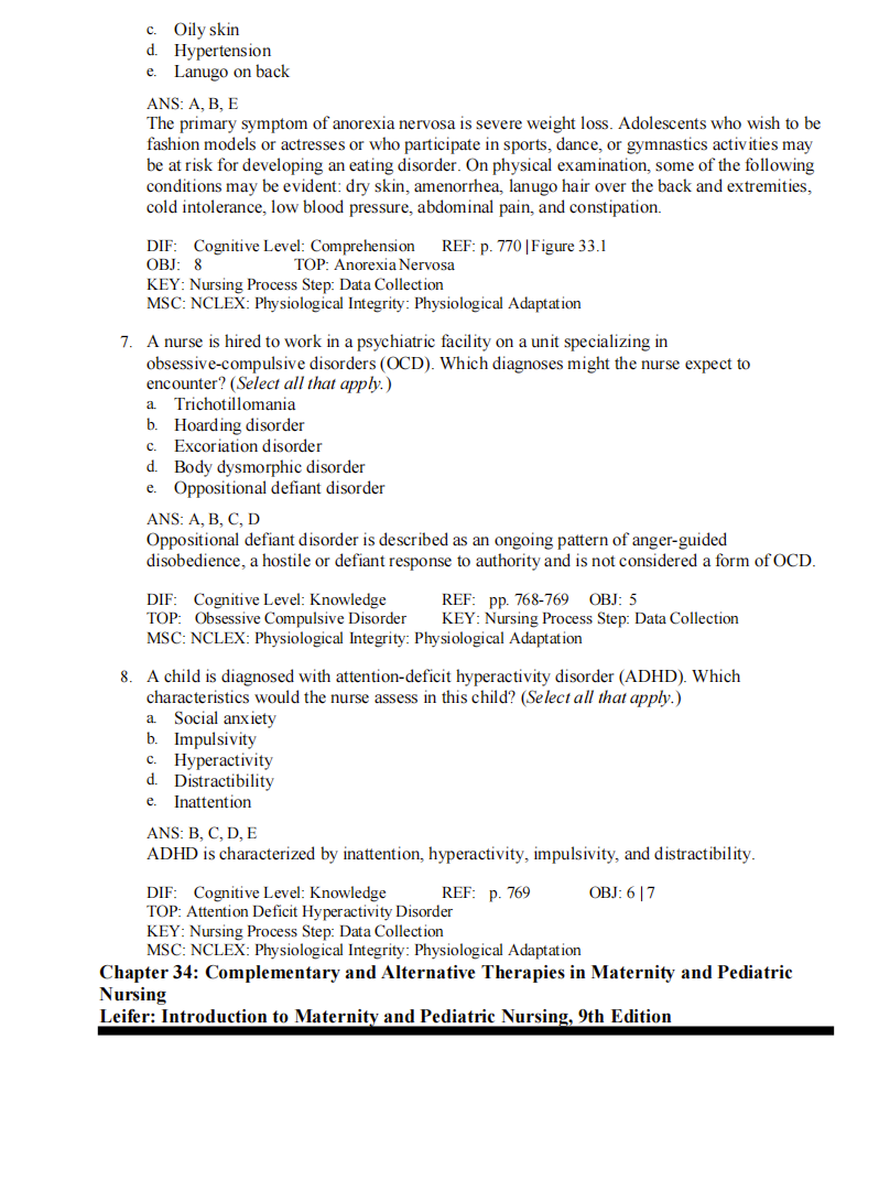 Test Bank Introduction to Maternity and Pediatric Nursing 9th Edition