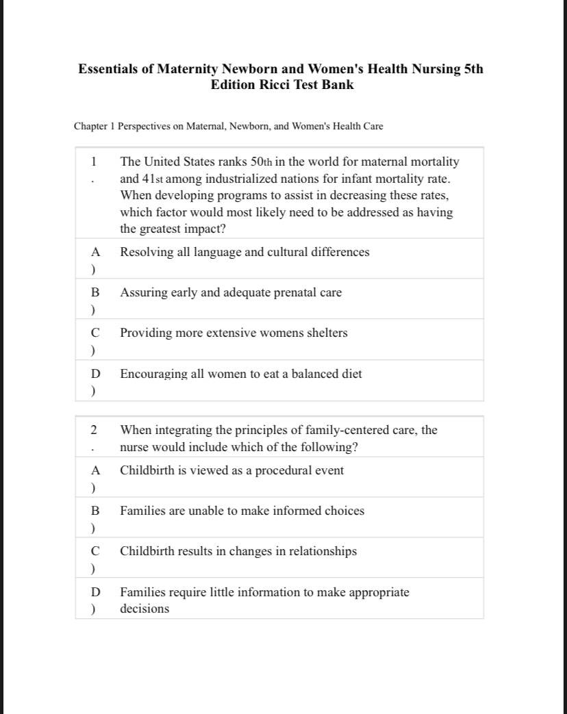 Test Bank Essentials of Maternity, Newborn, and Women’s Health Nursing, 5th Edition by Ricci