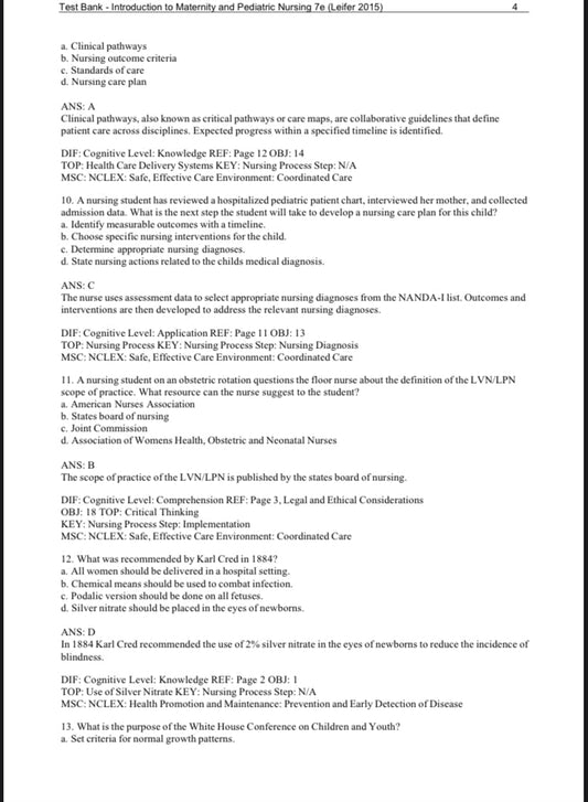 Test Bank Introduction to Maternity and Pediatric Nursing 7th Edition by Leifer