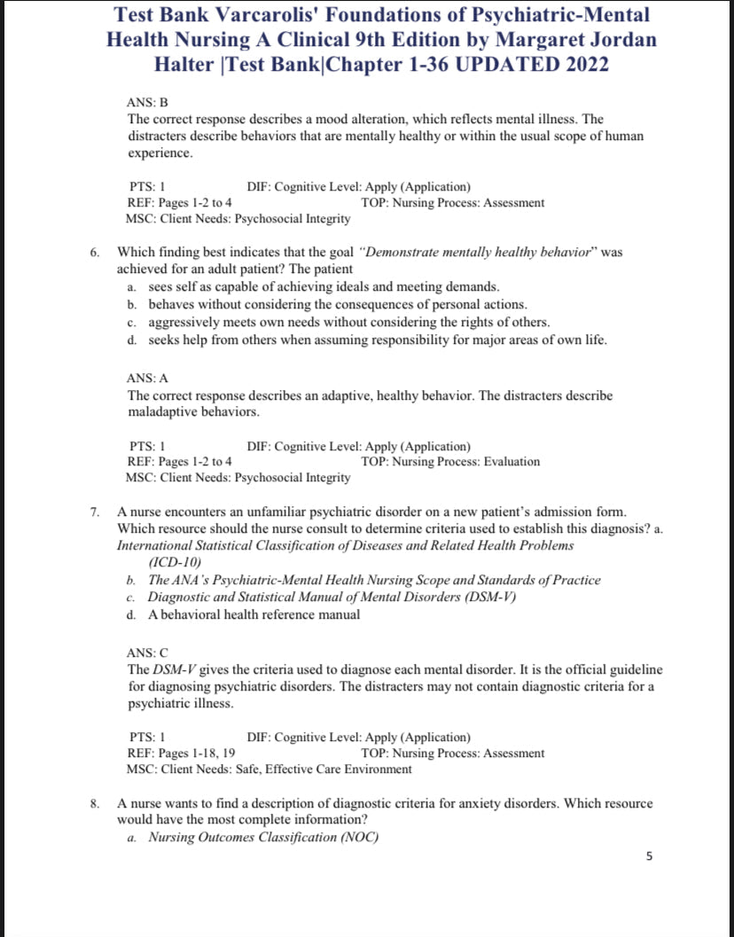 Test Bank Varcarolis’ Foundations of Psychiatric-Mental Health Nursing 9th Edition by Halter