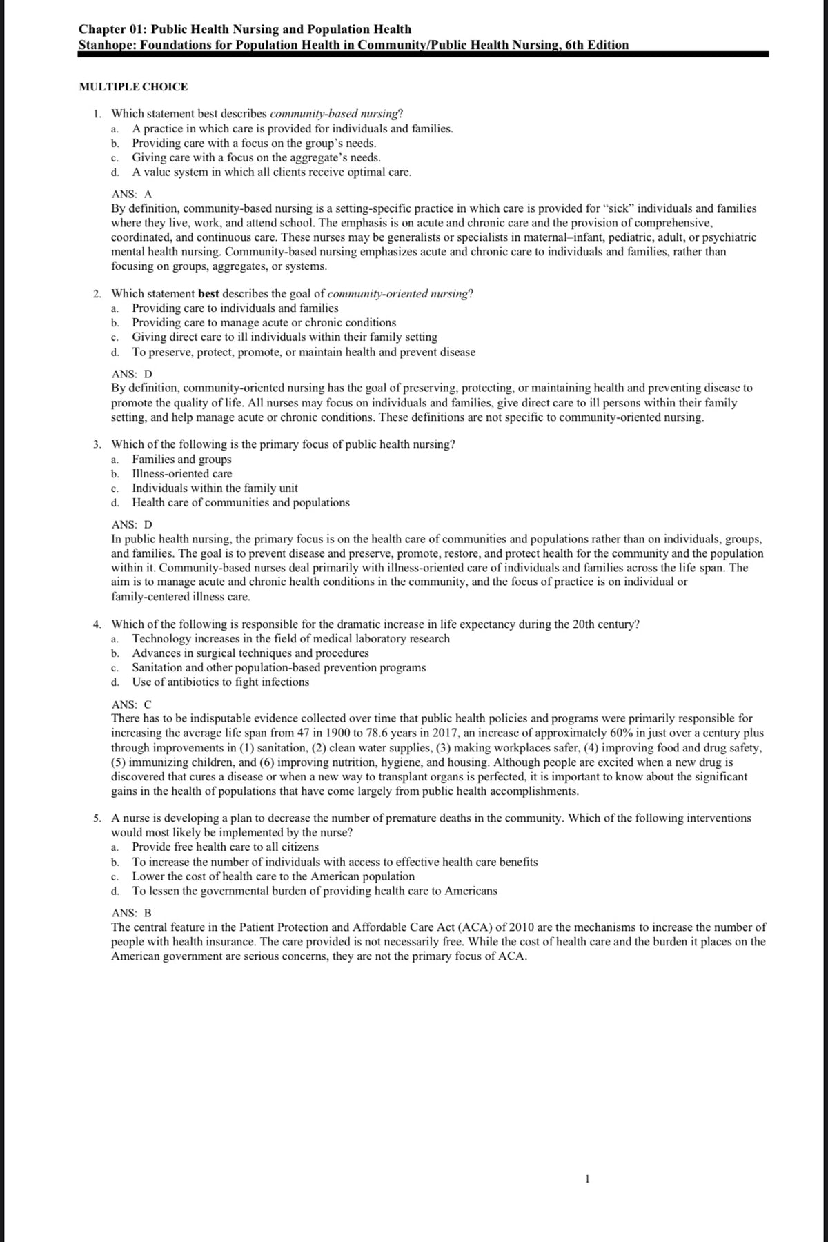 TEST BANK Foundations for Population Health in Community/Public Health Nursing, 6th Edition